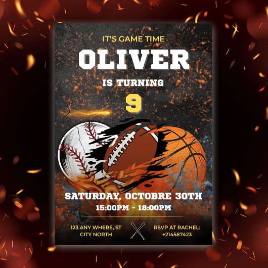 ブラック金ゴールドスポーツボーイズ誕生日 招待状