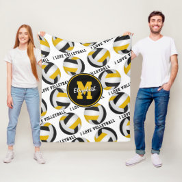 ブラック金ゴールドスポーツルーム私はバレーボールパターンが大好き フリースブランケット