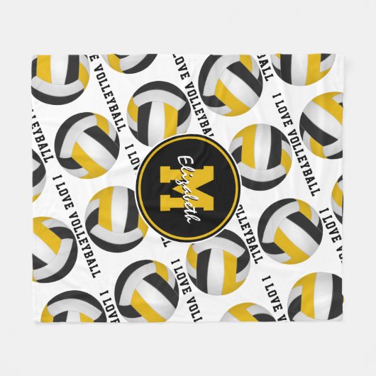 ブラック金ゴールドスポーツルーム私はバレーボールパターンが大好き フリースブランケット (正面(横))