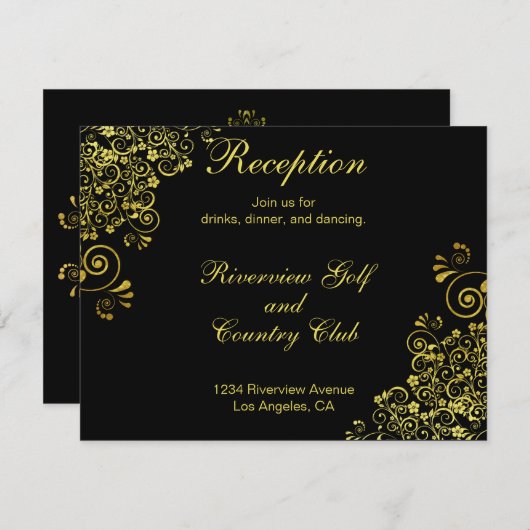 ブラック金ゴールドスワーズウェディングレセプション招待状 エンクロージャーカード (正面/裏面)