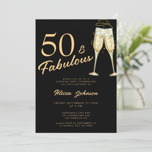 ブラック金ゴールドタイポグラフィ50歳の誕生日 招待状 (スタンド正面)