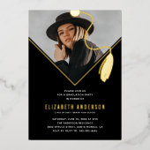 ブラック金ゴールドタッセルキャップ写真卒業パーティー 箔招待状 (正面)