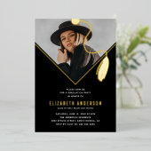 ブラック金ゴールドタッセルキャップ写真卒業パーティー 箔招待状 (立ち正面)
