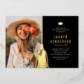 ブラック金ゴールドタッセルフォト卒業パーティーフォイルインヴィ 箔招待状 (正面)