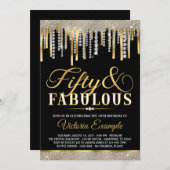 ブラック金ゴールドダイアモンドドリップファブラス50誕生日パーティー 招待状 (正面/裏面)