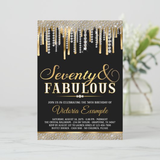 ブラック金ゴールドダイアモンドドリップファブラス70誕生日パーティー 招待状 (スタンド正面)