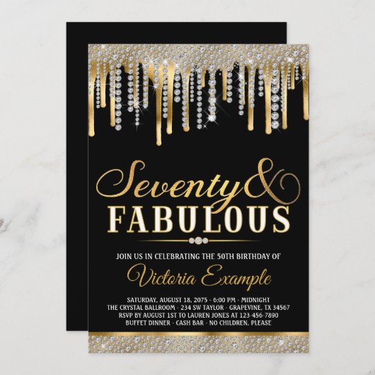 ブラック金ゴールドダイアモンドドリップファブラス70誕生日パーティー 招待状 (正面/裏面)
