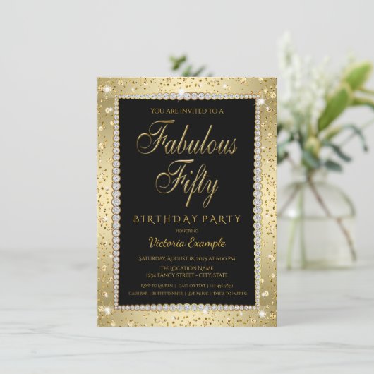 ブラック金ゴールドダイヤモンドファブラス50誕生日招待状 招待状 (スタンド正面)