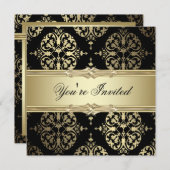ブラック金ゴールドダマスクパーティの招待状 招待状 (正面/裏面)