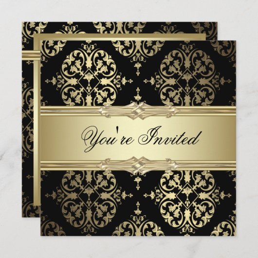 ブラック金ゴールドダマスクパーティの招待状 招待状 (正面/裏面)