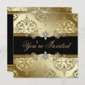 ブラック金ゴールドダマスクブラックタイパーティー 招待状 (正面/裏面)