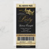 ブラック金ゴールドチケットスタイルマスカレードパーティー 招待状 (正面)