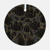 ブラック金ゴールドチューリップ:ラグジュアリーフローラルパターン ガラスオーナメント (裏面)