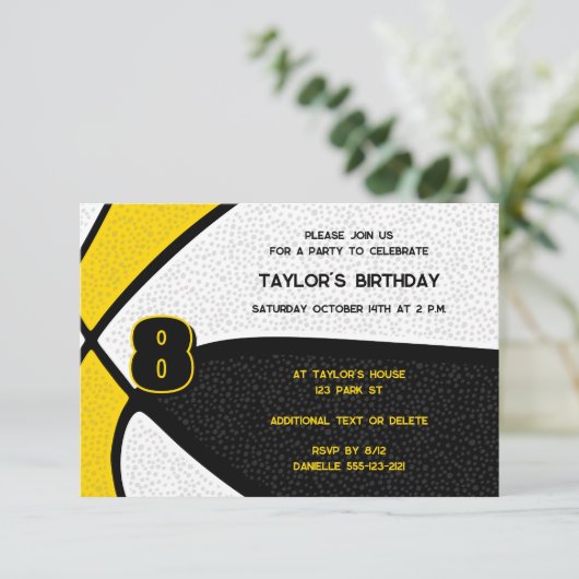 ブラック金ゴールドチームカラーバスケットボール誕生日 招待状 (スタンド正面)