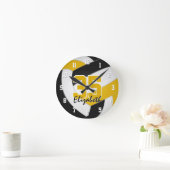 ブラック金ゴールドチームカラーパーソナライズされたバレーボール ラウンド壁時計 (ホーム)