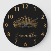ブラック金ゴールドティアラ冠エレガント名 ラージ壁時計 (正面)