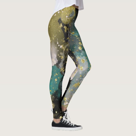 ブラック金ゴールドティール（緑がかった色）グリーングランジ（ばちゃばちゃ）跳ねるファッション レギンス (右)