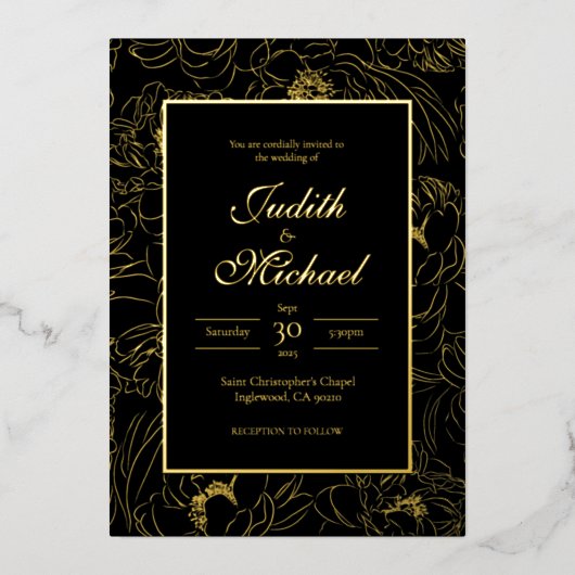 ブラック金ゴールドデラックス夕べ結婚ズフォイル招待状 箔招待状 (正面)