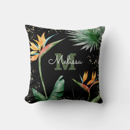 ブラック金ゴールドトロピカルアイランドフローラモノグラムスクリプト クッション