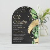 ブラック金ゴールドトロピカルモンステラパームアーチベイビーシャワー 招待状 (スタンド正面)