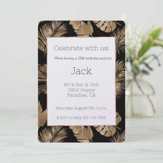 ブラック金ゴールドトロピカル離れ誕生日 招待状 (スタンド正面)