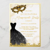 ブラック金ゴールドドレスマスカレードパーティーキンセアニェラ 箔招待状 (正面)