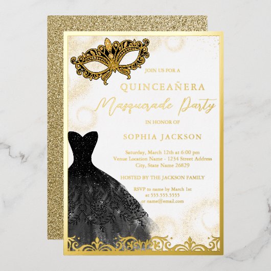 ブラック金ゴールドドレスマスカレードパーティーキンセアニェラ 箔招待状 (正面/裏面)