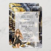 ブラック金ゴールドナイトクラブガールインドレスブライダルシャワー 招待状 (正面/裏面)