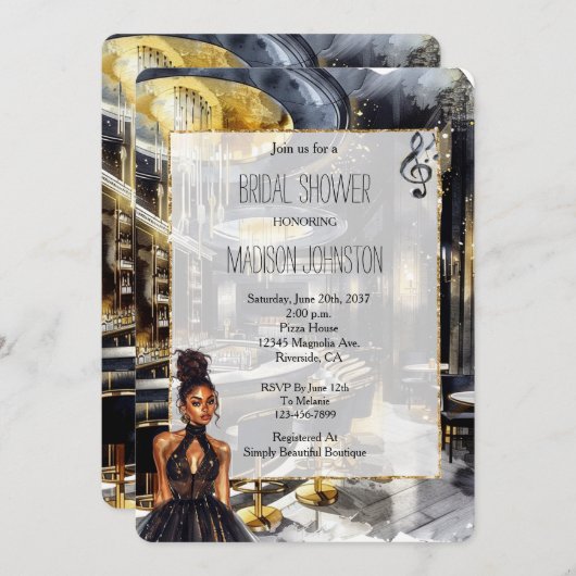 ブラック金ゴールドナイトクラブガールインドレスブライダルシャワー 招待状 (正面/裏面)