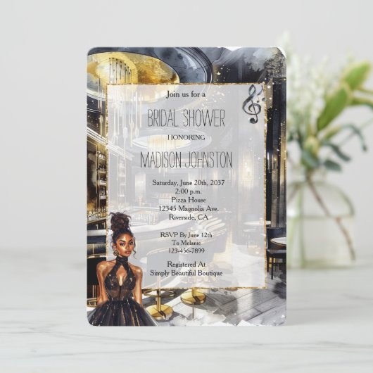ブラック金ゴールドナイトクラブガールインドレスブライダルシャワー 招待状 (スタンド正面)