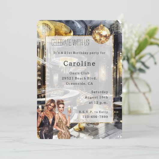 ブラック金ゴールドナイトクラブパーティーガールズディスコ誕生日 招待状 (スタンド正面)