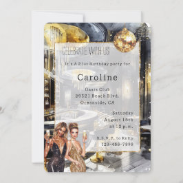 ブラック金ゴールドナイトクラブパーティーガールズディスコ誕生日 招待状