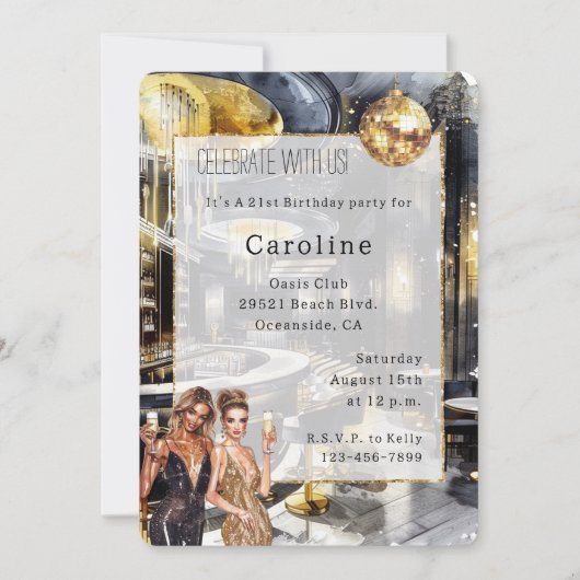 ブラック金ゴールドナイトクラブパーティーガールズディスコ誕生日 招待状 (正面)