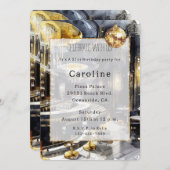 ブラック金ゴールドナイトクラブパーティーディスコボール誕生日 招待状 (正面/裏面)