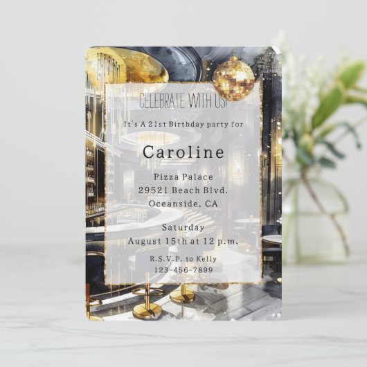 ブラック金ゴールドナイトクラブパーティーディスコボール誕生日 招待状 (スタンド正面)