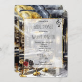 ブラック金ゴールドナイトクラブフローラブライダルシャワー 招待状 (正面/裏面)