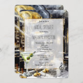 ブラック金ゴールドナイトクラブマルティーニブライダルシャワー 招待状 (正面/裏面)