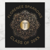 ブラック金ゴールドナース卒業式カドゥセウス記号 ワインラベル (シングルラベル)