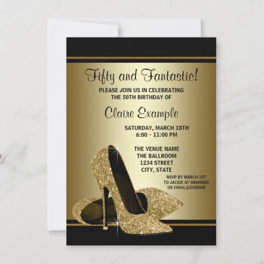 ブラック金ゴールドハイヒールウーマンバースデーパーティー 招待状 (正面)