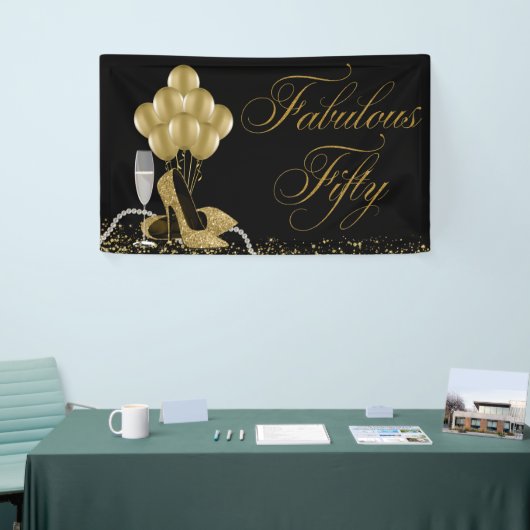 ブラック金ゴールドハイヒールシューズ真珠50誕生日 横断幕 (トレードショー)