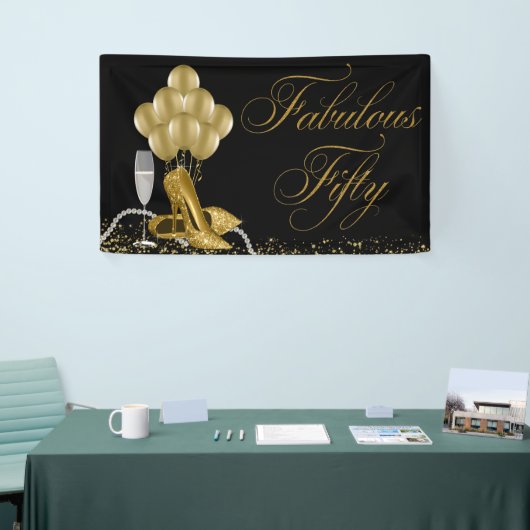 ブラック金ゴールドハイヒールシューズ真珠50誕生日 横断幕 (トレードショー)