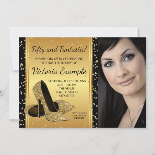 ブラック金ゴールドハイヒールシューズ誕生日パーティー 招待状 (正面)