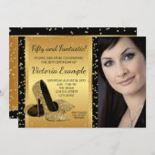 ブラック金ゴールドハイヒールシューズ誕生日パーティー 招待状 (正面/裏面)