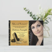 ブラック金ゴールドハイヒールシューズ誕生日パーティー 招待状 (スタンド正面)