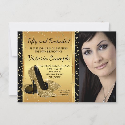 ブラック金ゴールドハイヒールシューズ誕生日パーティー 招待状 (正面)
