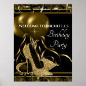 ブラック金ゴールドハイヒールシューバースデーパーティーのサイン ポスター (正面)