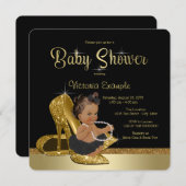ブラック金ゴールドハイヒール靴エスニックガールベビーシャワー 招待状 (正面/裏面)