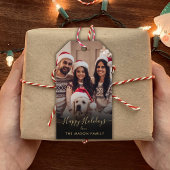 ブラック金ゴールドハッピーホリデーズスクリプトファミリーフォト ギフトタグ