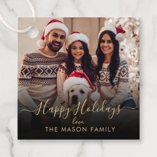 ブラック金ゴールドハッピーホリデーズスクリプトファミリーフォト フェイバータグ (正面)