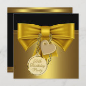 ブラック金ゴールドハートボウ女性50thバースデーパーティー 招待状 (正面/裏面)